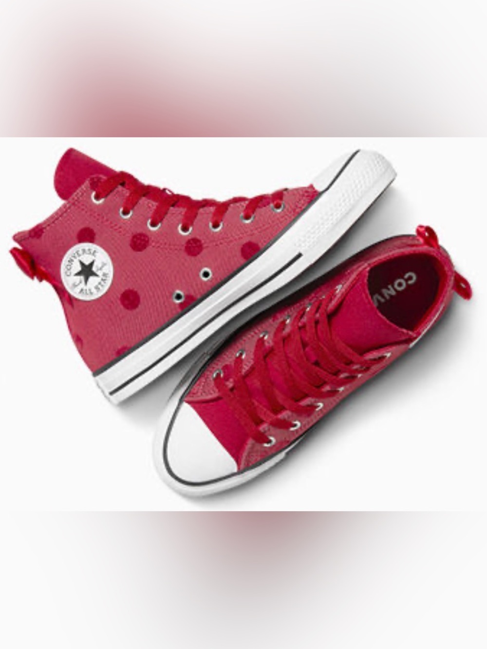 NWOB Converse All-Stars Red Polka Dots & Bow High-Top Sneakers 5Y-Women’s 6.5/7